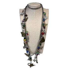 Vintage OOAK Hippy Charm Zoo Animals Beads Cats Monkey Fish Necklace 15" (#B13)